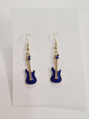 Blue Guitar Dangle Earrings - Gold Tone